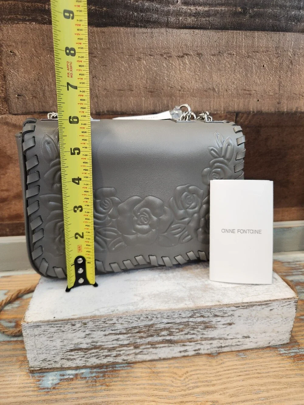 Anne Fontaine Gray Rose-Embossed Crossbody with Woven Edge